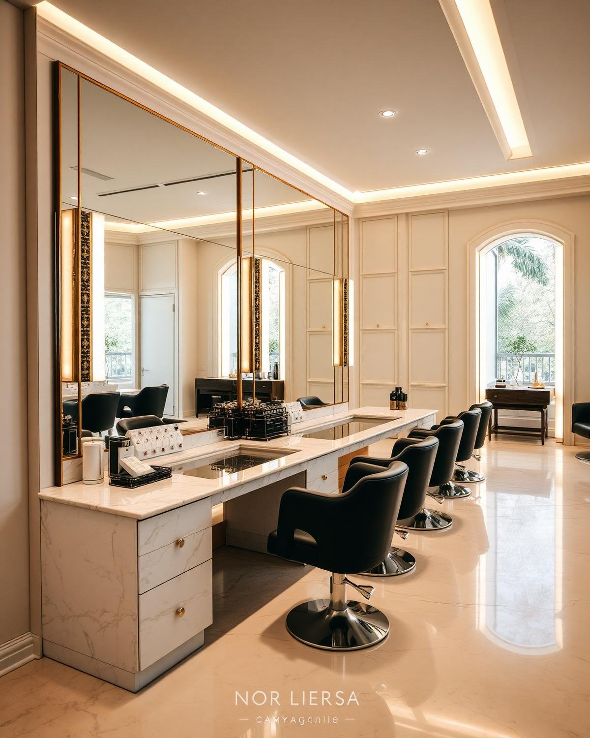 Interior of Glam & Glow Unisex Salon with marble styling stations