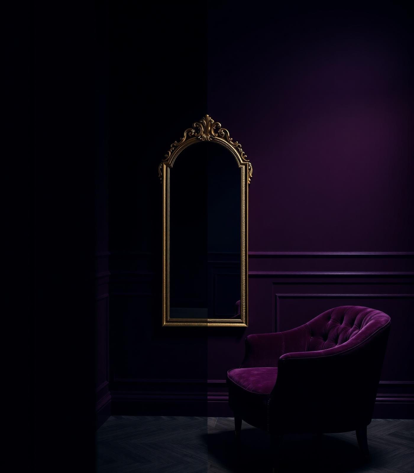 Luxury salon interior with an ornate gold mirror and velvet chair