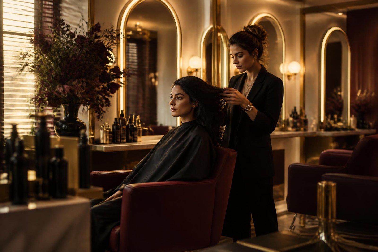 Stylist styling a client's hair inside Glam & Glow Unisex Salon in Hubballi