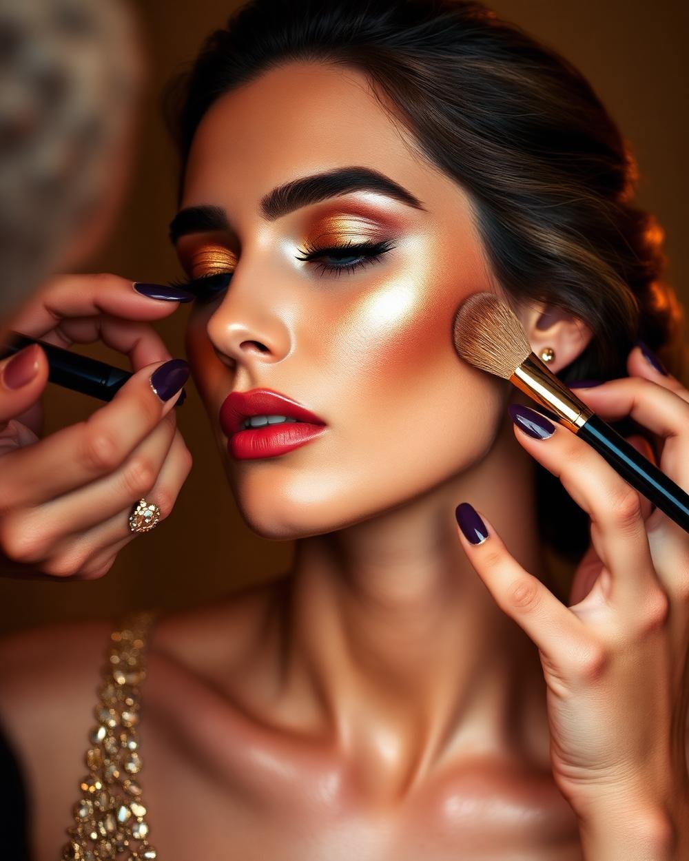 Party makeup application with gold tones